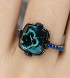 7.7ct Sugarloaf Blue Topaz Ring in 18K Black Gold Ring