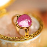 Pink Ruby Rose Cut & Diamond Ring in 18K Yellow Gold
