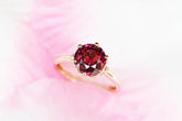 7mm Peach Red Garnet Round & Diamond Ring in 18K Yellow Gold