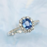 Cushion Blue Sapphire & Halo Diamond Ring in 18K White Gold