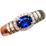 Engraved Style Blue Sapphire Horizontal 18K Gold Ring with Diamonds