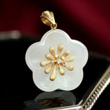 Plum Blossom Nephrite Jade Flower Shape Pendant - 18K Yellow Gold