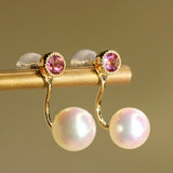 Pink Tourmaline & 8mm Akoya Pearl Earrings - 18K Yellow Gold