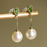 Mint Tourmaline & 7.5mm Akoya Pearl Earrings - 18K Yellow Gold