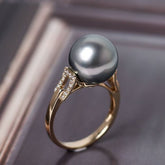 11mm Silver-Grey Tone Tahitian Pearl & Diamonds Ring in 18K Yellow Gold