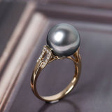 11mm Silver-Grey Tone Tahitian Pearl & Diamonds Ring in 18K Yellow Gold