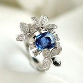 Flower Diamonds Ring with Blue Sapphire - 18K White Gold