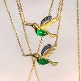 Hummingbird Emerald 18K Gold Necklace with Blue Sapphire