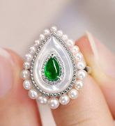 Emerald Cabochon Pearl 18K White Gold Vintage Ring