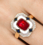 Victoria Sugarloaf Ruby 18K Gold Ring with Sapphire & Diamonds