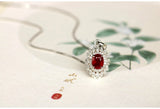 Vivid Red Ruby Oval & Diamonds Necklace in 18K White Gold