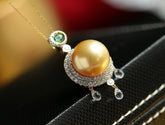 12mm Golden South Sea Pearl & Emerald Necklcae in 18K Yellow Gold