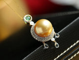 12mm Golden South Sea Pearl & Emerald Necklcae in 18K Yellow Gold