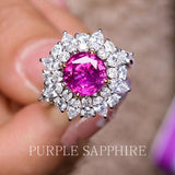 2.25ct Purple Sapphire Round Cut 18K Gold with Diamond Around Ring