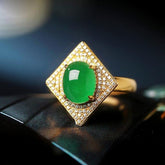 5A+ Jade Cabochon & Full Diamond Pave 18K Yellow Gold Ring