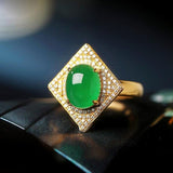 5A+ Jade Cabochon & Full Diamond Pave 18K Yellow Gold Ring