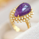 AAA+ Purple Sugilite Pear-Shape & Halo Diamond Ring in 18K Yellow Gold