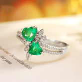 1.5ct Double Heart-Shaped Emerald Ring with Diamond in 18K White Gold
