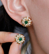 Brushed Finish 18k Gold Earrings with Emerald & Diamond