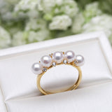 Five Akoya Baby Pearl & Diamond Ring in 18K Yellow Gold