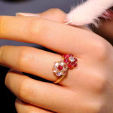 Cute Flower Design Red Spinel & Moonstone Cabochon Ring in 18K Gold