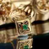 Vintage Emerald 18K Yellow Gold Granulation Necklace