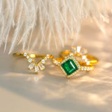 Art Deco Design Emerald 18K Engagement Stackable Ring with Diamonds