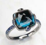 7.7ct Sugarloaf Blue Topaz Ring in 18K Black Gold Ring