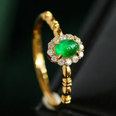 Cabochon Emerald & Halo Diamond Ring in 18K Yellow Gold