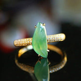 5A+ Green Jade 18K Gold Ring with White Diamond Pave