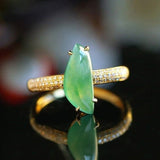 5A+ Green Jade 18K Gold Ring with White Diamond Pave