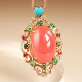24.5ct Rhodochrosite Teardrop & Tourmaline Pendant in 18K Yellow Gold