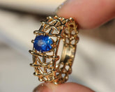 Hollow Out Blue Sapphire 18K Yellow Gold Ring