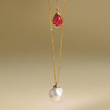 8mm Akoya Pearl Necklace with Rubellite Teardrop – 18K Yellow Gold