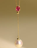 Red Tourmaline & 8mm Akoya Pearl Necklace - 18K Yellow Gold