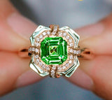 Tsavorite Asscher Cut & Diamond Ring in 18K Yellow Gold