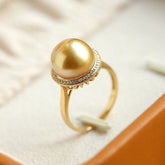 11mm Golden South Sea Pearl & Diamond Halo Ring in 18K Yellow Gold