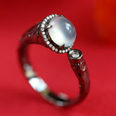 White Jade Cabochon Ring with Diamond Accents in 18K Black Gold