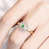 Oriental Jade & Emerald Accent 18K Yellow Gold Engraved Ring