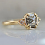 1.3ct Emerald Cut Salt and Pepper Diamond 18K Gold Engagement Ring