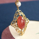 Hollow Out Design Rhodochrosite 18K Yellow Gold Pendant set with Akoya Pearl