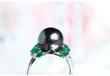 11mm Tahitian Pearl & Marquise Emerald Ring in 18K White Gold