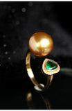 3A+ Golden South Sea Pearl & Heart Emerald Ring - 18K Yellow Gold