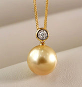 14mm South Sea Golden Pearl & Diamond Necklace in 18K Gold