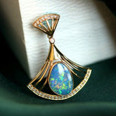 Blue Opal Diamond Fan Shape Pendant - 18K Yellow Gold