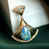 Blue Opal Diamond Fan Shape Pendant - 18K Yellow Gold