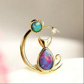 Cat and Moon Opal Pendant in 18K Yellow Gold