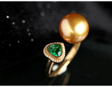 3A+ Golden South Sea Pearl & Heart Emerald Ring - 18K Yellow Gold