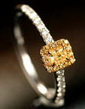 Fancy Yellow Diamonds Cushion Ring in 18K Two Tone Gold