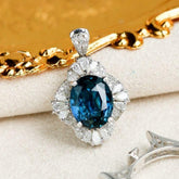 2ct Blue Sapphire Halo Diamond Pendant in 18K White Gold